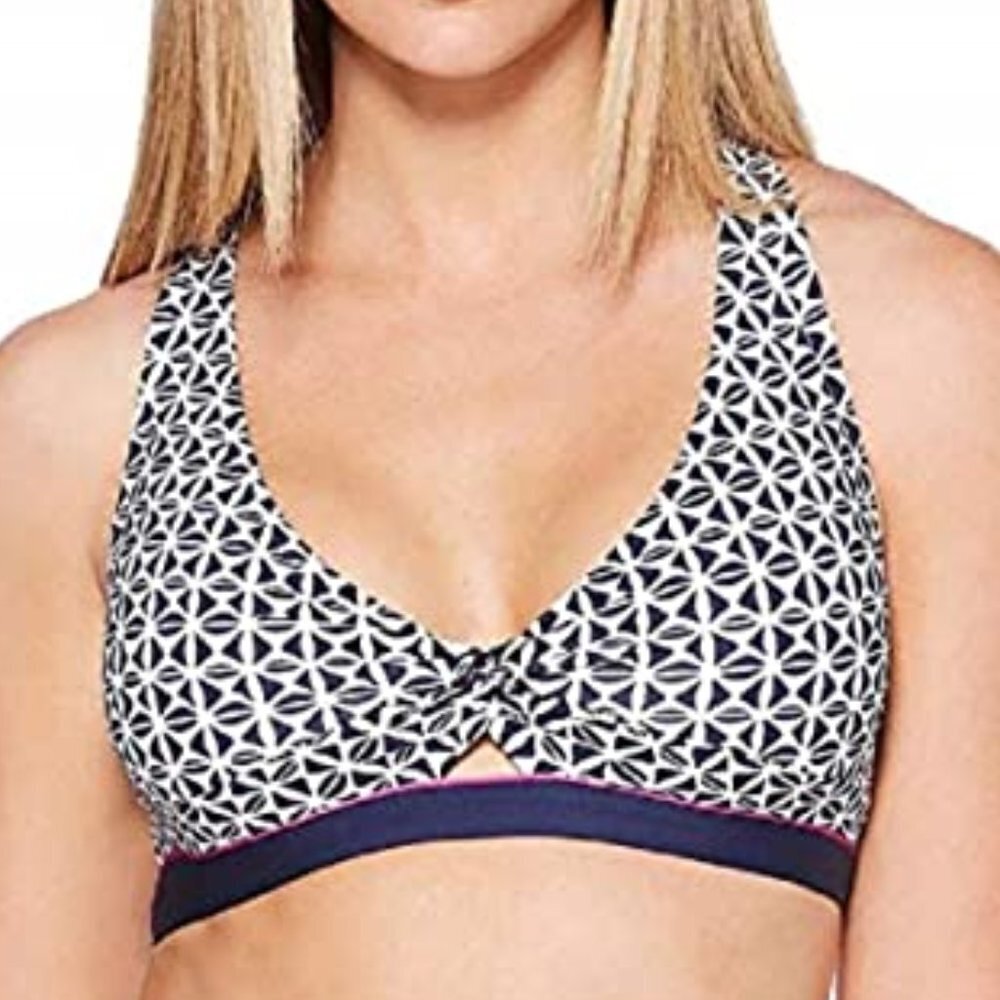 NWT Jag Navy Tiki Geo Twist Front Cross Back Bikini Top